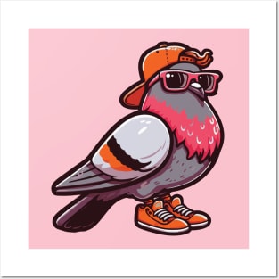 a cool Pigeon with orange cap and shoes and pink sunglasses Posters and Art